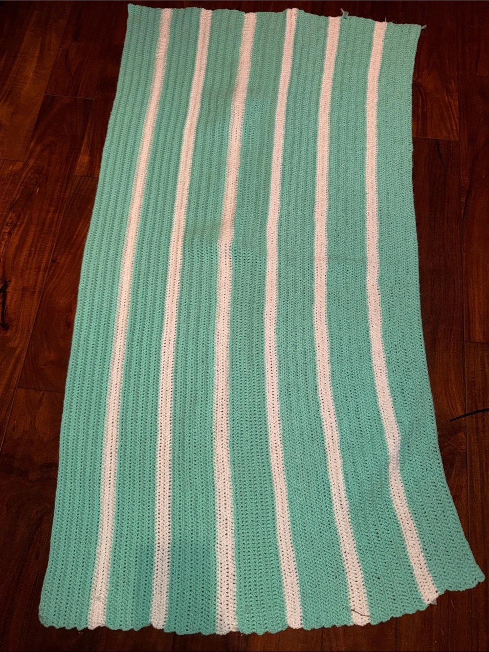 Aqua and White Striped hand Crochet Throw Blanket - Cozy Home Accent a